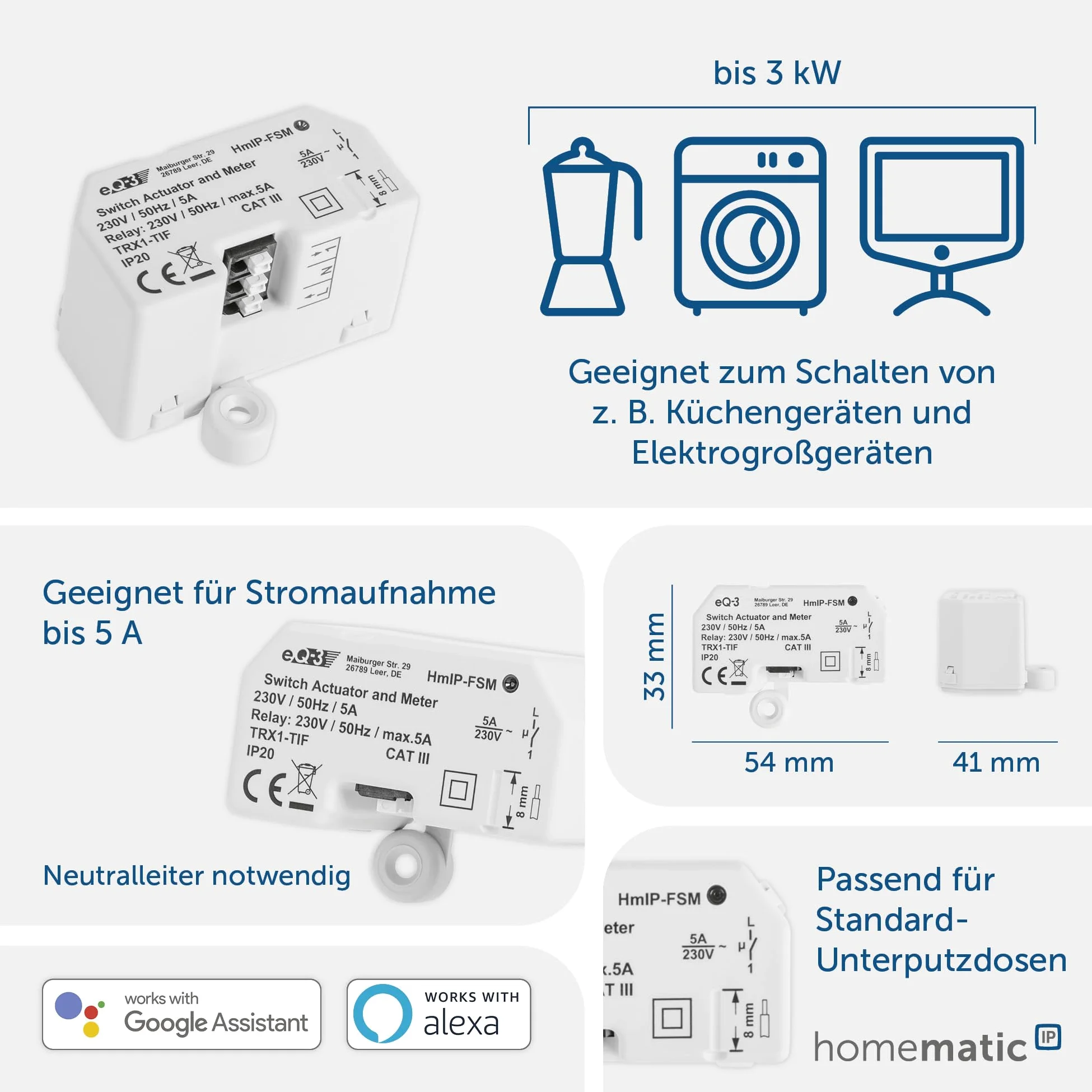 Homematic IP Smart Home Schalt-Mess-Aktor – Unterputz, Aktor misst Strom,steuert Geräte und Leuchten per App, Alexa & Google Assistant, Energie sparen, 142721A0