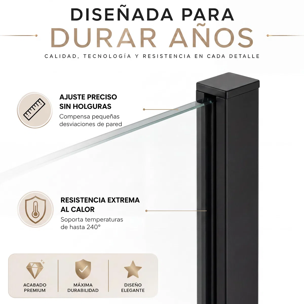 Mampara Ducha Fija - Mamparas de Ducha Fija con Cristal Templado 8 mm – Cristal Transparente con Tratamiento Antical - Perfilería Negro Mate – 88 a 90 cm (Ancho Adaptable) x 200 cm (Alto)