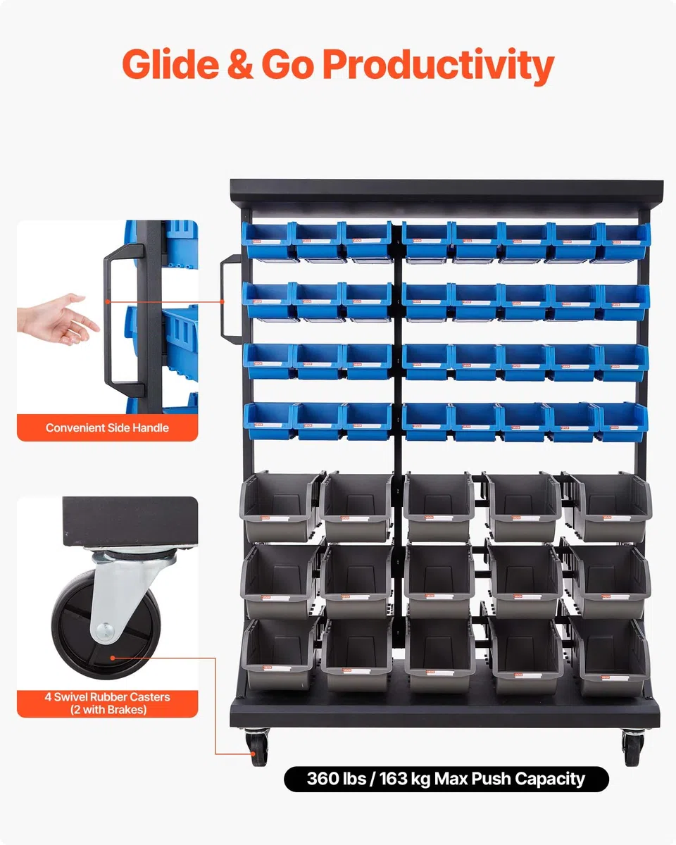 VEVOR Estantería Móvil de Plástico con Ruedas, 7 Niveles y Doble Cara, para 94 Contenedores, Carga Máxima por Nivel 40 kg, para Garaje, Almacén, Oficina, Restaurante y Aula, 900 x 500 x 1245 mm