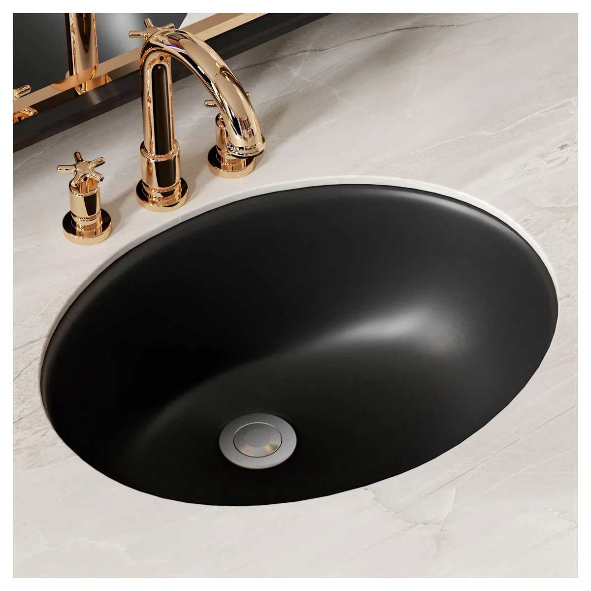 Fregadero de baño empotrado ovalado SmartSylva, 37,5 cm x 29,2 cm (Tamaño interior) Fregadero de baño ovalado de porcelana de cerámica bajo montaje con desbordamiento, negro mate