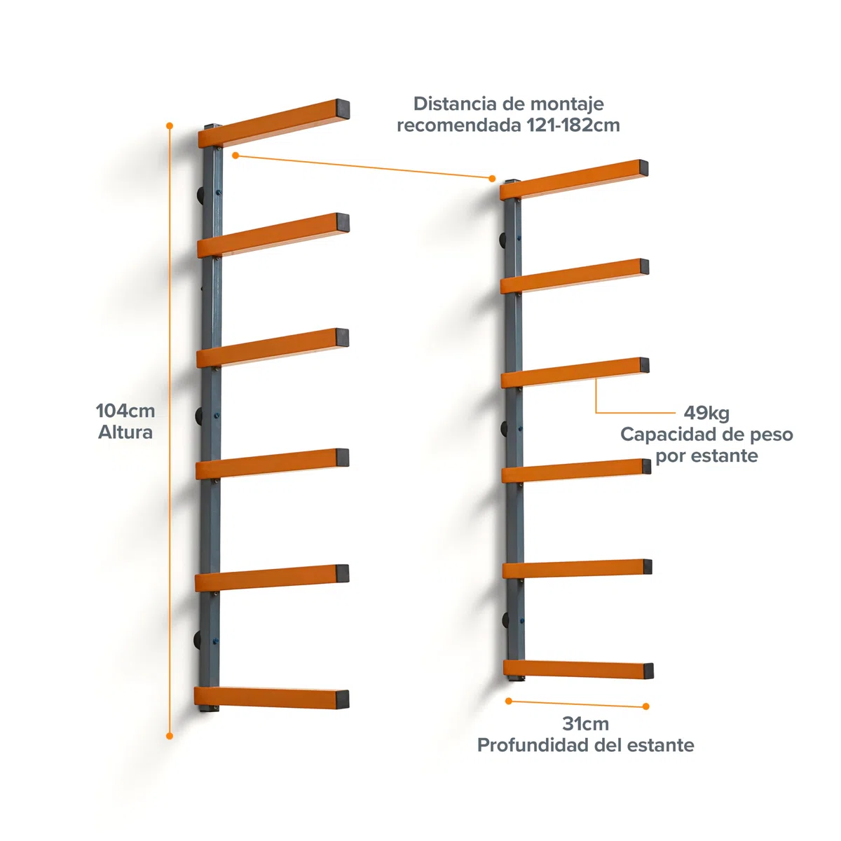 Bora Organizador de Madera 6 Niveles Montaje Pared Garaje Taller | PBR-001 – Estante Mural de Acero para Almacenamiento