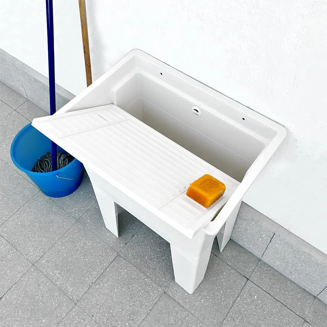 Lavadero de 60 x 40 x 75 cm para la colada de exterior de resina y PVC blanco, bañera y mesa de plástico compacto para jardín y terraza
