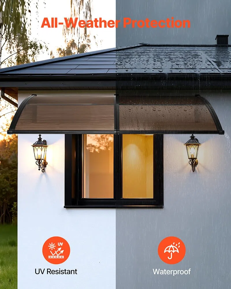 VEVOR Toldo para Puertas y Ventanas con Drenaje 198,7x96,5 cm, Tejadillo de Protección para Entrada con Soporte de ABS, Protección contra Lluvia, Sol, Toldo de Policarbonato para Porche, Marrón