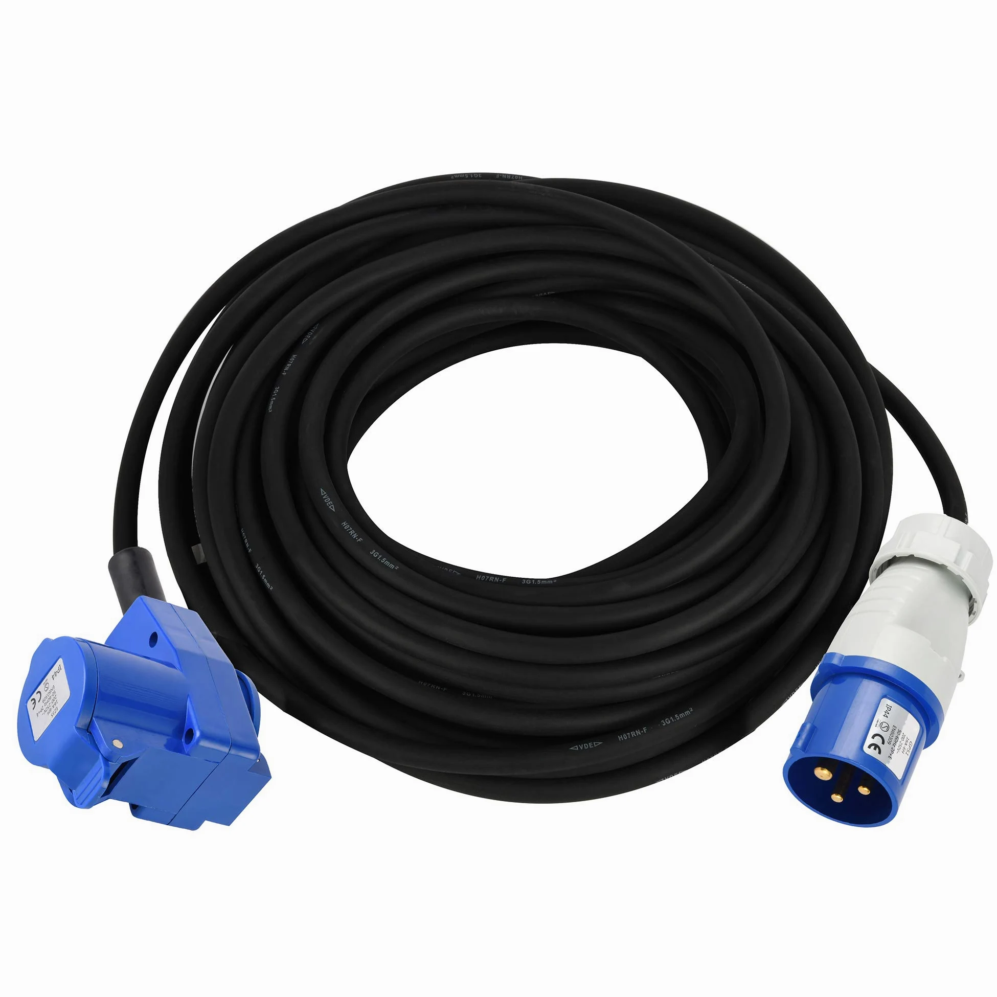 Electraline 46149 Extensión de goma RN-F 10m Conector IEC industrial de 3 polos + 1 Schuko Adecuado para Camper, Camping, Caravana, Barco, Construcción - IP44, 10 m, Negro