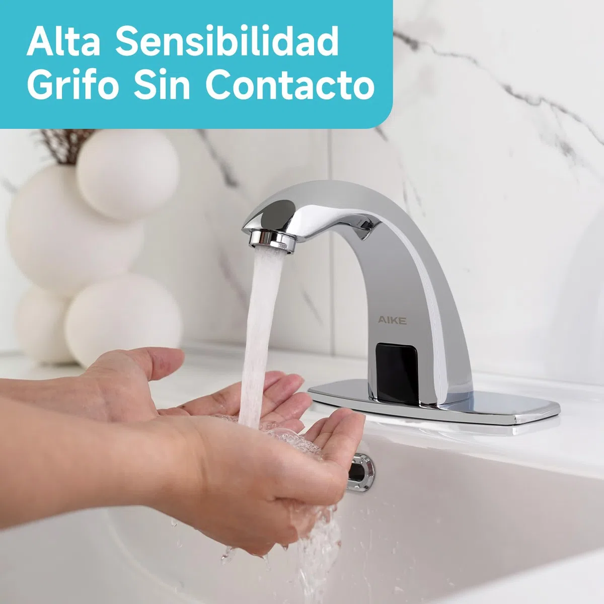 AIKE AK7500 Grifo Sin Contacto para Baño, Grifo Automático con Sensor de Un Solo Agujero con Placa de Cubierta para Baños Comerciales, Cromo