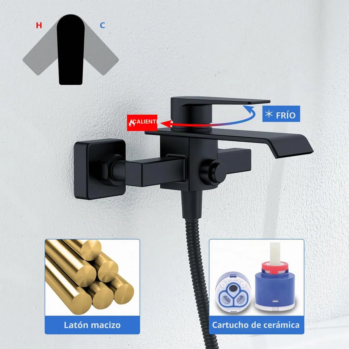 Grifo Bañera Negro en Cascada, Grifo Mural de Latón para Ducha y Baño, Mezclador Monomando para Bañera Universal 1/2" Salida Inferior, Fácil de Instalar
