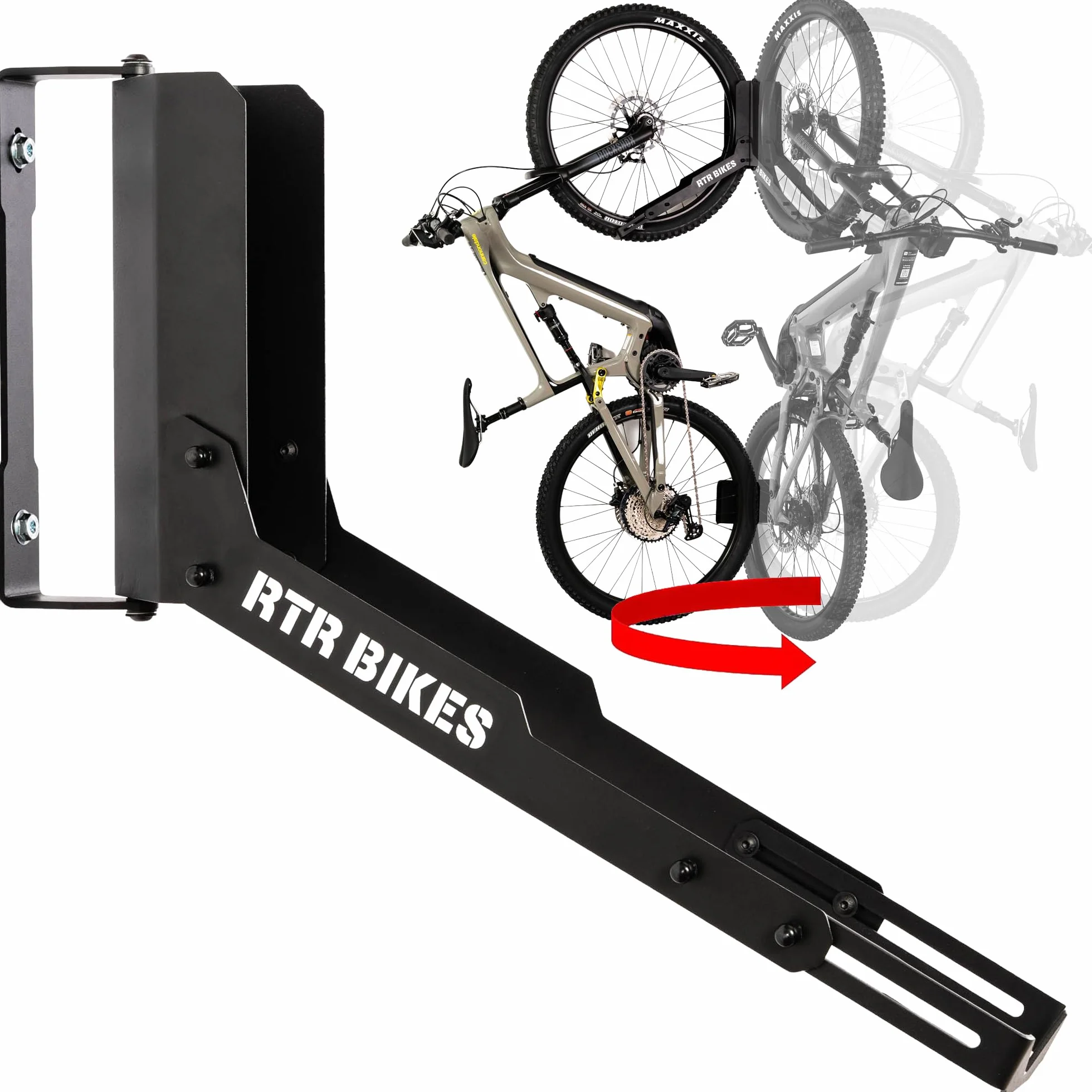 RTR BIKES Kranked Twist Soporte Bicicleta Pared Giratorio – Colgador Vertical Rotativo 180° – para E-Bikes y MTB hasta 30kg – Ruedas 24-29" – Ahorra Espacio – Hecho en UE