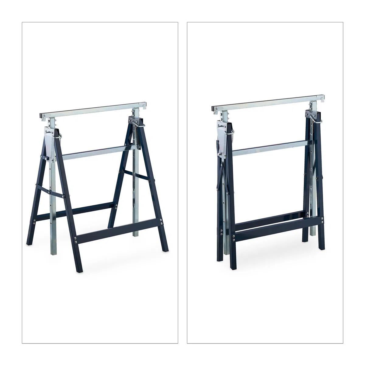 Relaxdays Andamio Caballete, Set de 2, Altura Ajustable, Carga hasta 200 kg, Plegable, Taller, Acero, Azul y Plateado