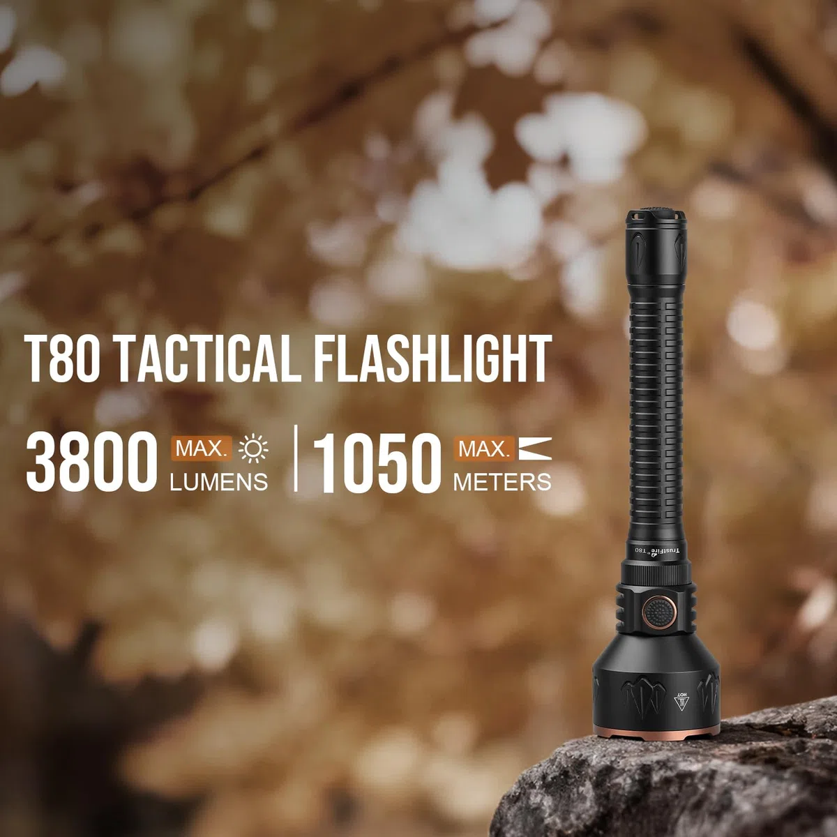 TrustFire T80 Linterna LED Táctica Recargable, Linterna Caza Alta Potencia 3800 Lúmenes y 1050m de Alcance,IPX8, 6 Modos,con Carga Tipo-C e Interruptor Dual, para Caza, Búsqueda y Rescate, Camping