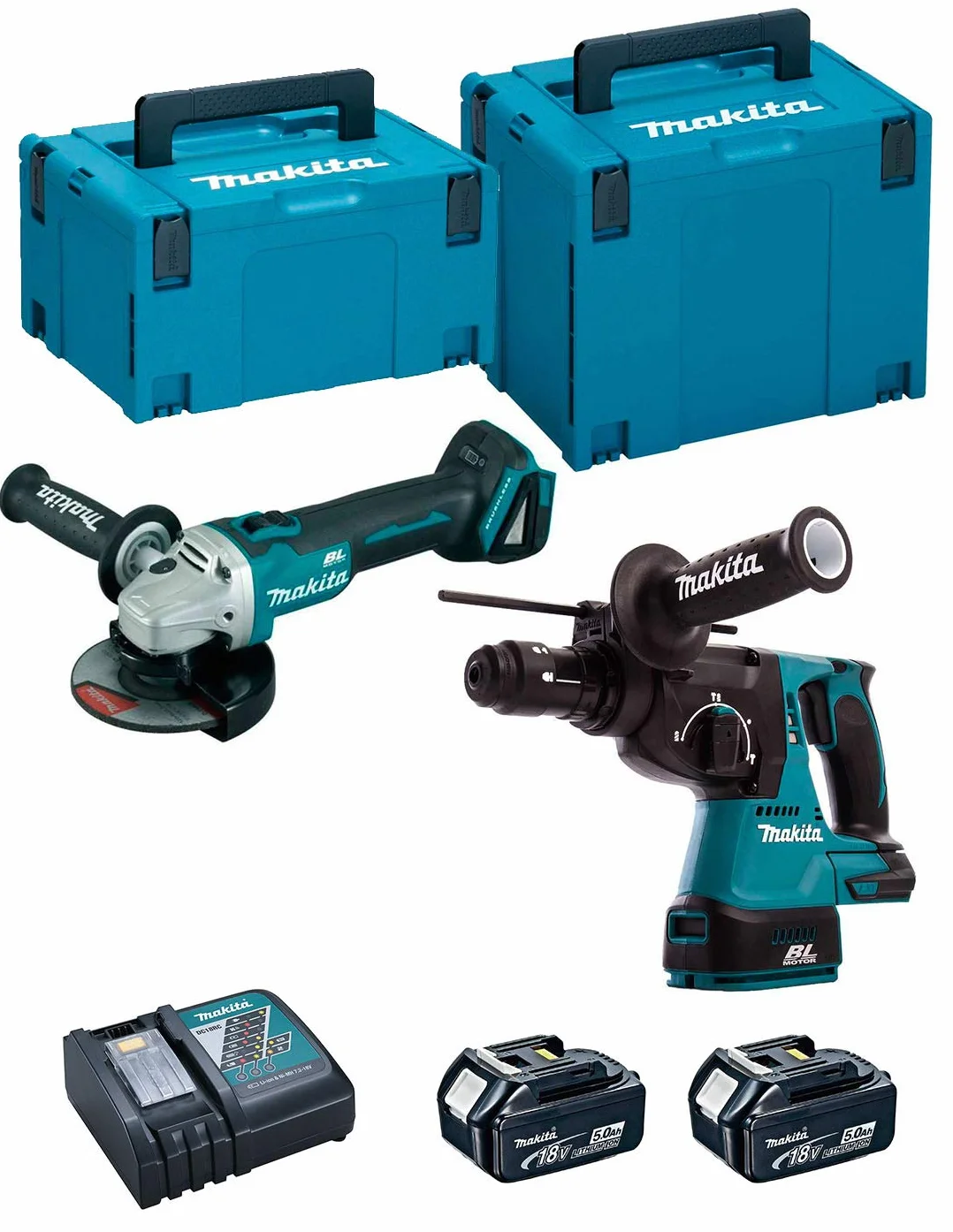 Makita DLX2125TJ1 Kit Combo DGA504Z+DHR243Z+DC18RC+BL1850Bx2, 18V 5,0Ah, 18 W, 18 V, Negro