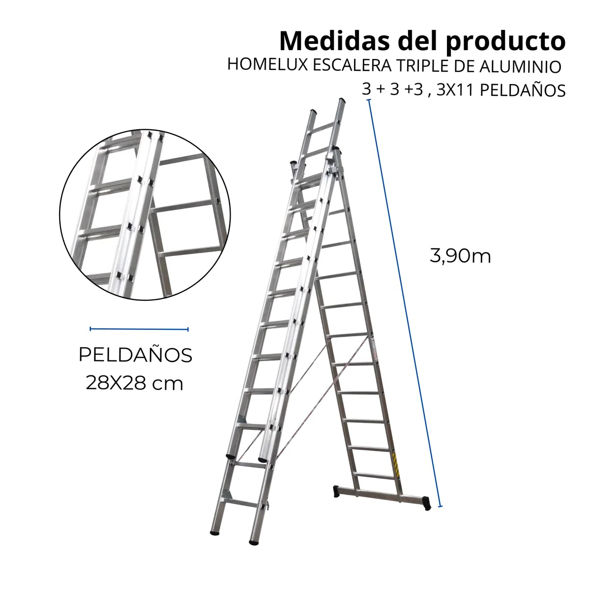 Homelux 825022 Escalera Aluminio Triple, 3 + 3 +3, 3 x 11 Peldaños, 18.5 kg