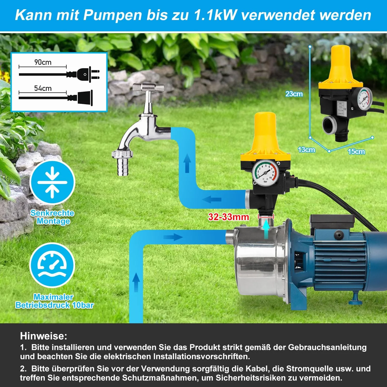 Control electrónico de la bomba 1100 W 9000 l/h, interruptor de presión para agua, 10 bares de presión con cable, interruptor de presión IP65 para bombas de agua (1,5-3 bares)