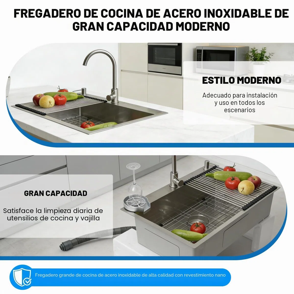 Fregadero Cocina 85x50cm, Fregadero de Cocina Acero Inoxidable 304, Multifuncional Fregadero Cocina Grande 1 Seno, con Grifo, Filtro de Drenaje, Rejilla de Fondo, Sifón y Descarga (kitchen sink)