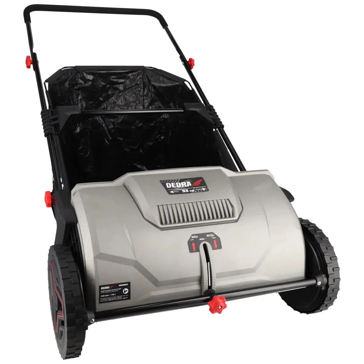 Barredora de césped Manual, recogedor de Hojas y césped Dedra, Ancho de Recogida de 530 mm, Saco de 100 l, Ruedas robustas de 250 mm, Ligero y manejable 7 kg, Manillar Ajustable