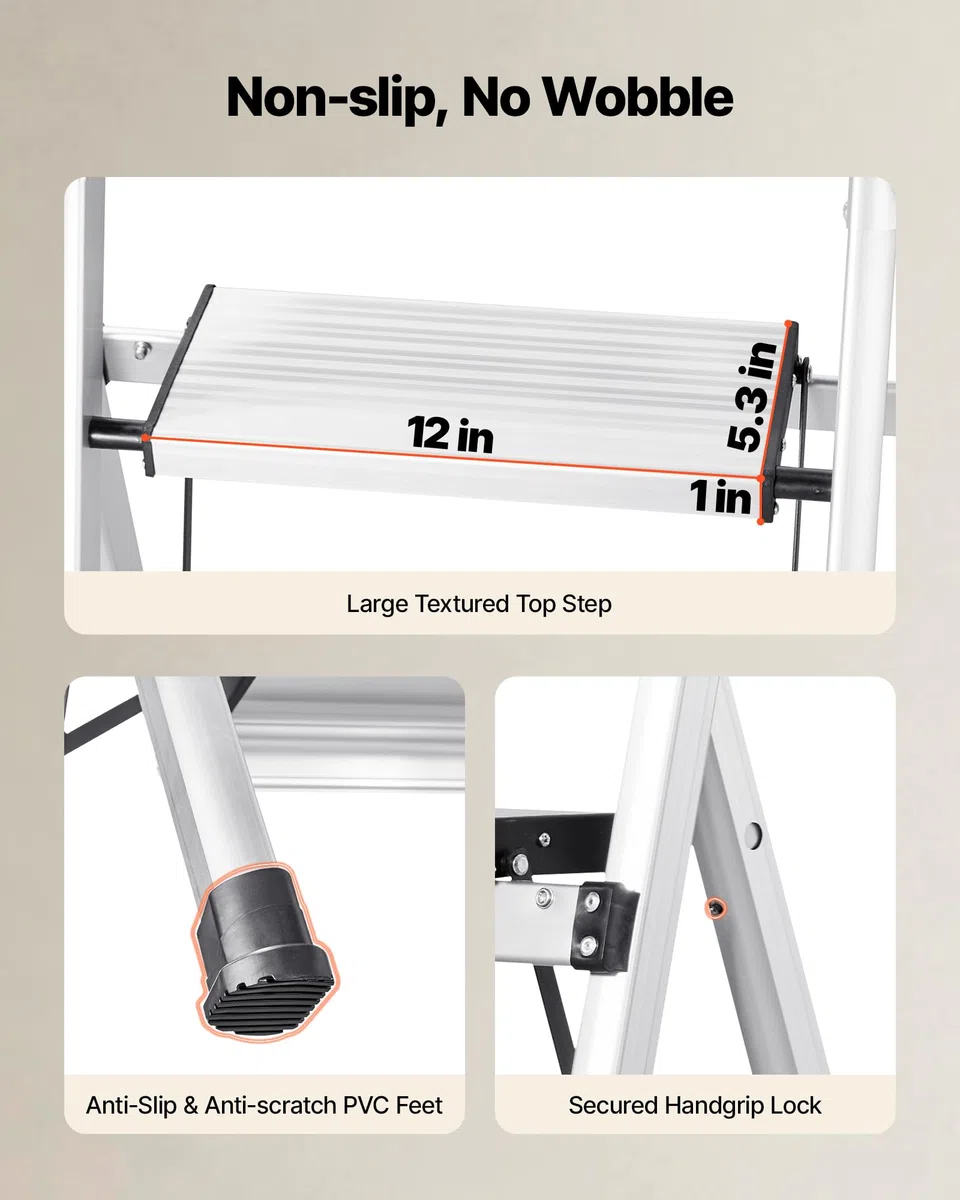 VEVOR Escalera de Aluminio Plegable 5 Peldaños, Escalera de Tijera con Pedal Antideslizante y Empuñadura Cómoda, Capacidad de 150 kg, Taburete Multifuncional para Cocina, Almacén, Hogar, Oficina