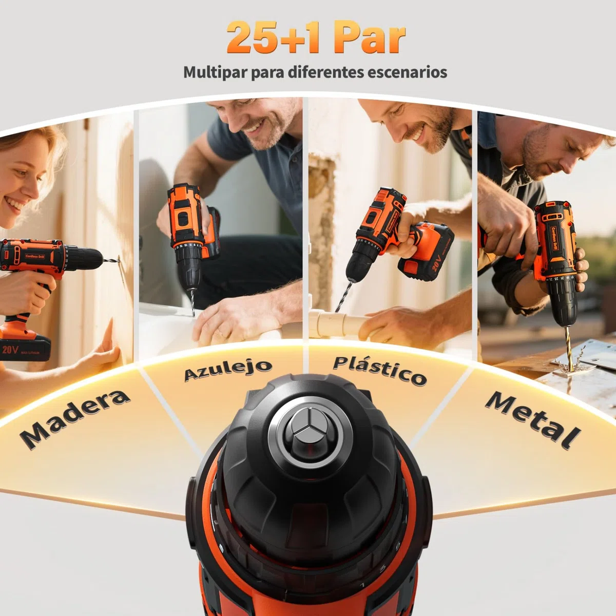 Taladro Atornillador a Batería 20V Inalámbrico, 42Nm Alto Torque, 2 Baterías Recargables 2000mAh, 25+1 Ajustes de Par, 2 Velocidades, Portabrocas 10mm, Luz LED Integrada, Juego 24 Piezas Accesorios