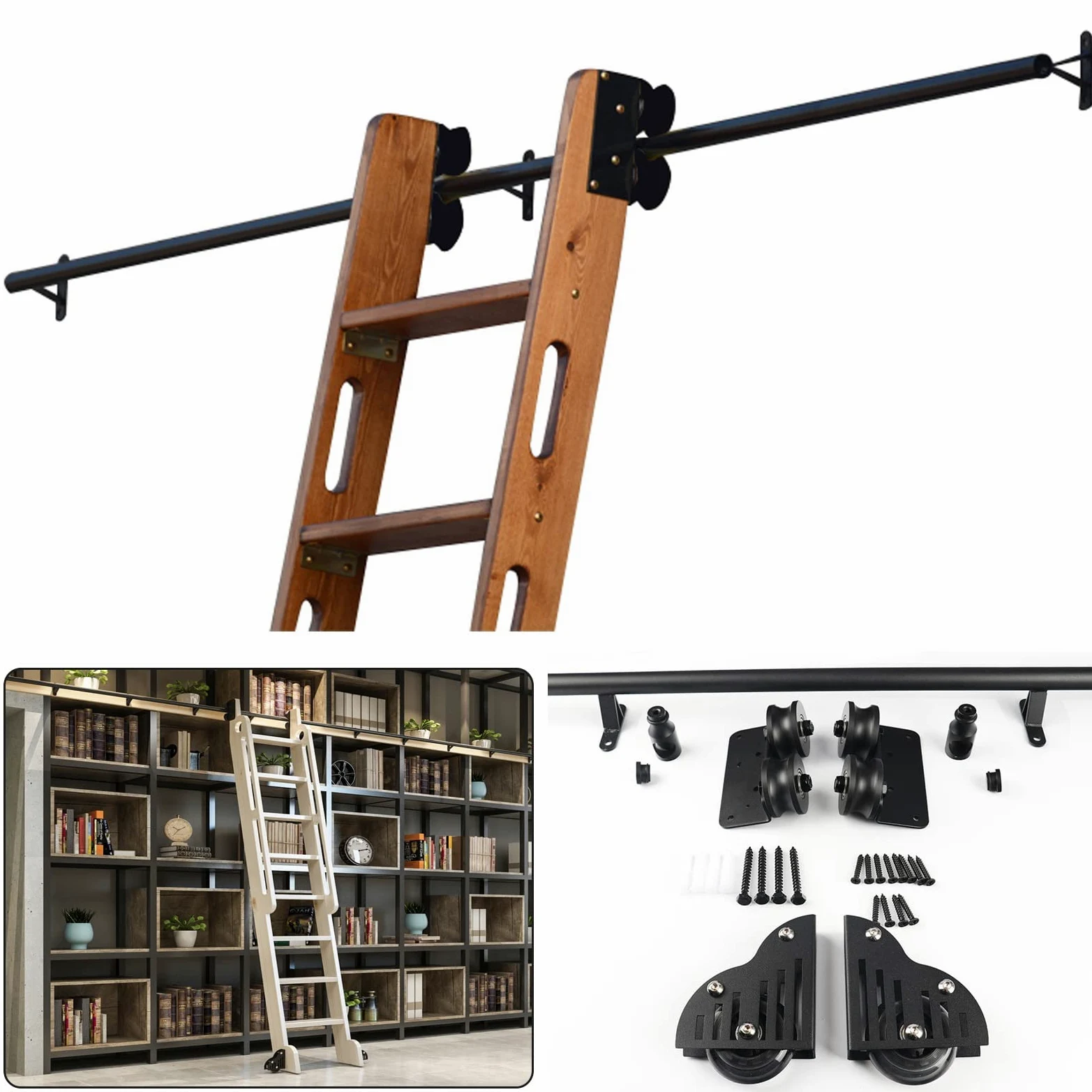 Escalera de Biblioteca con Ruedas Kit rodante para escalera de biblioteca Kit de herrajes para riel deslizante Sistema de riel para escalera Kit de riel para puerta corrediza de madera Kit de clóset