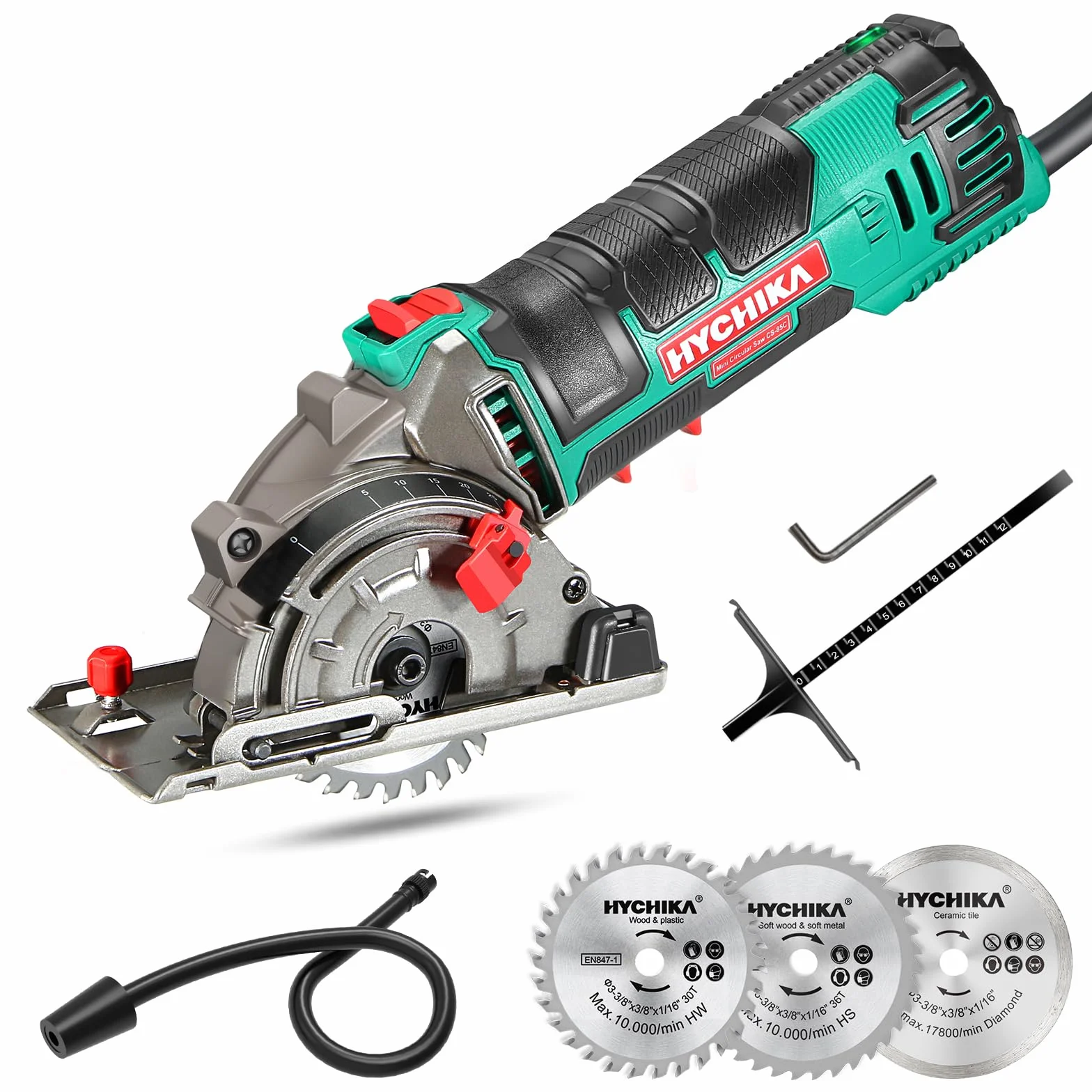 HYCHIKA Mini Serra Circular Manual de 500W e 4500 rpm, 3 lâminas de serra de 30T, 36T e diamante, ideal para cortar azulejos, madeira, metal macio, plástico