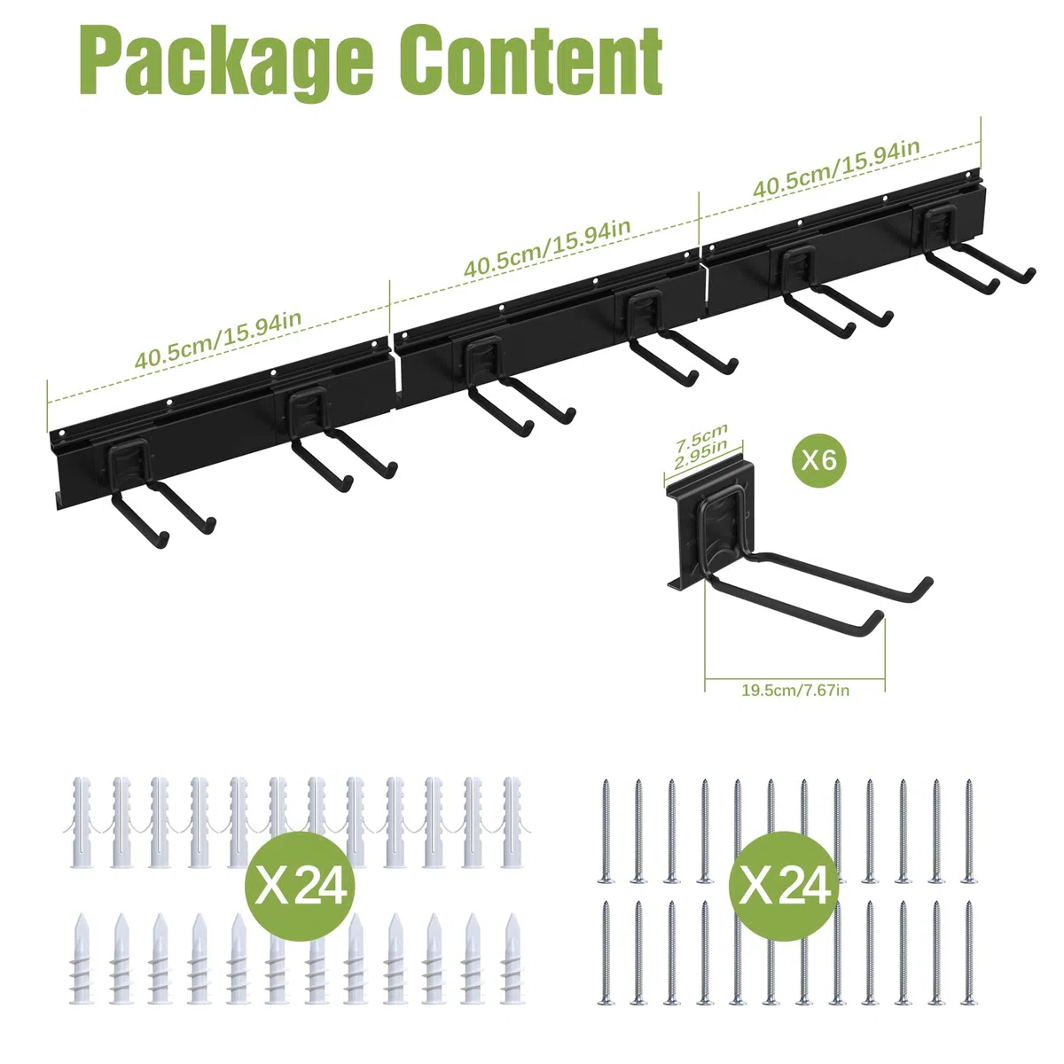 Housolution Juego de Ganchos Deslizables de Pared 121 cm, Soporte Colgador de Aleación de Aluminio y Acero con 6 Ganchos y 3 Rieles, Organizador para Guardar Herramientas de Garaje Jardín
