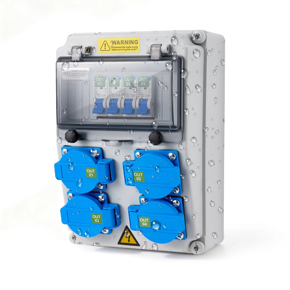 Distribuidor de corriente para construcción, 16 A, IP67, con 4 enchufes, caja de distribución de corriente, 230 V, distribuidor de corriente para obras al aire libre, caja de distribución de pared con
