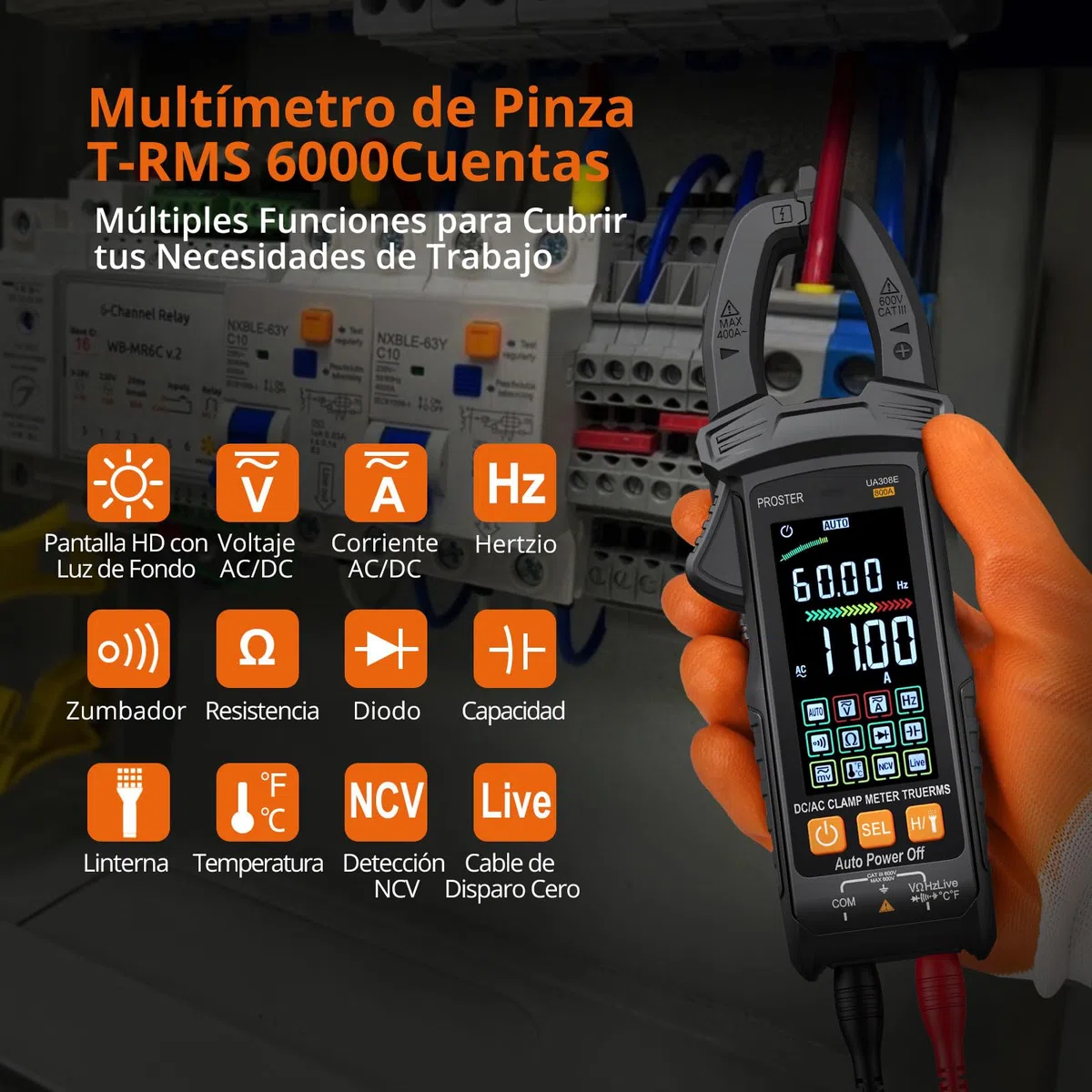 Proster Pinza Amperimétrica TRMS 6000 Cuentas - Medición de Corriente AC/DC 800A, Voltaje 600V, NCV, Resistencia, Diodo y Temperatura con Pantalla Grande y Bolsa de Almacenamiento