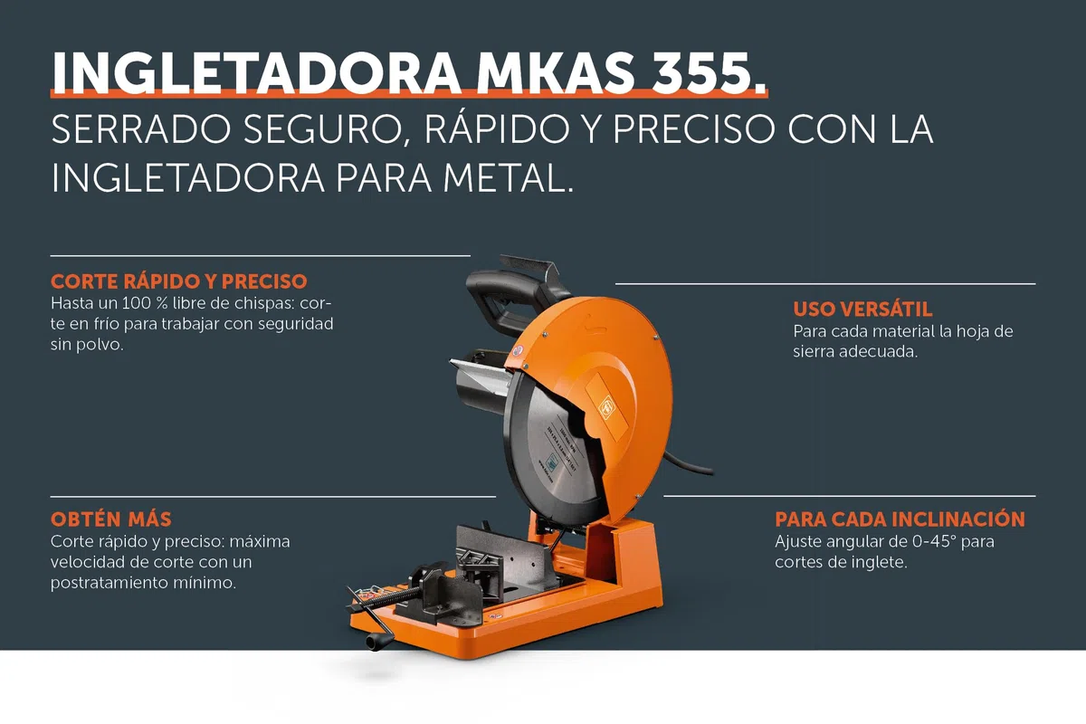 FEIN Ingletadora para metal MKAS 355 para el corte rápido y preciso de tubos cuadrados de hasta 120 mm y perfiles redondos de hasta 100 mm. Diámetro de la hoja de sierra 355 mm.