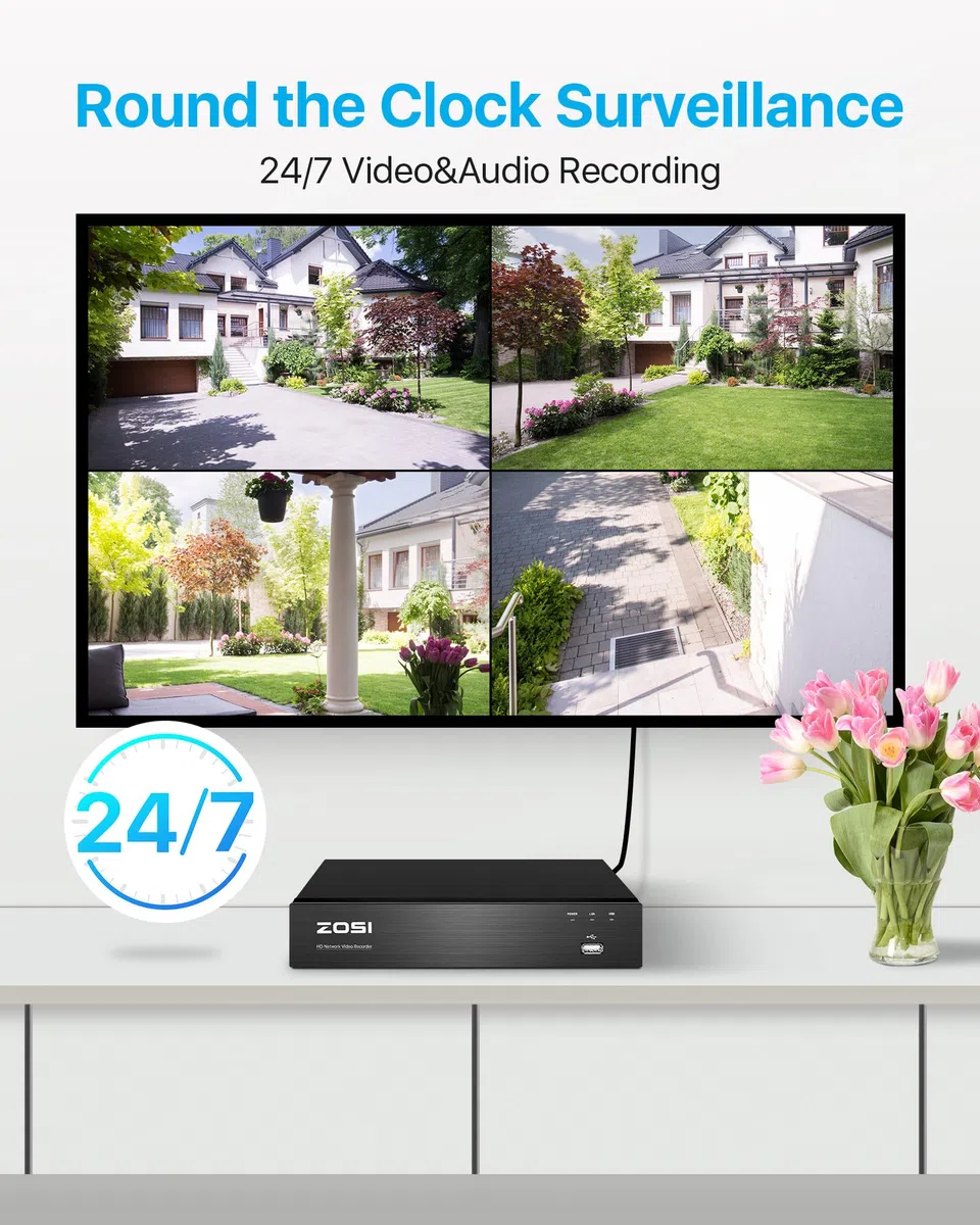 ZOSI 4K Kit de Cámara de Vigilancia PoE 8CH 8MP H.265+ Grabador NVR y 2TB Disco Duro con 8pcs Cámara de Seguridad Exterior, Visión Nocturna en Color, Alarma de Movimiento, Audio Bidireccional