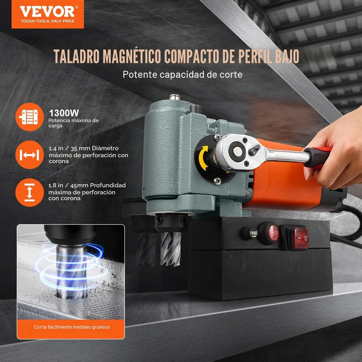 VEVOR Taladro Magnético de Perfil Bajo 1300 W Taladro Magnético Ligero y Portátil con Dispositivo de Enfriamiento y Protección contra Sobrecarga Prensa Magnética para Instalación de Equipos