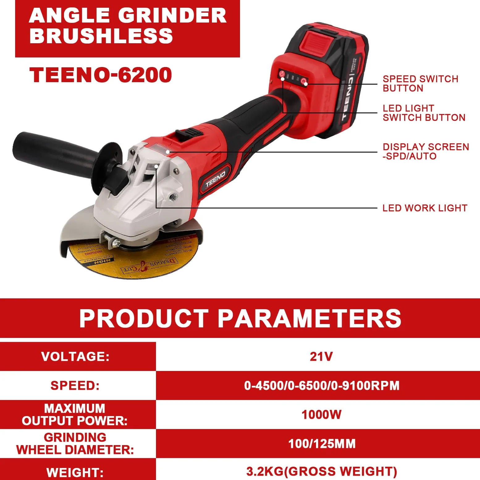 TEENO Amoladora Angular a Batería 2 * 4.0Ah,9100RPM Amoladora Angular Eléctrica sin Escobillas,0-4500/0-6500/0-9100tr/min，Discos de corte 125mm，Para Cortar y Amolar con Precisión