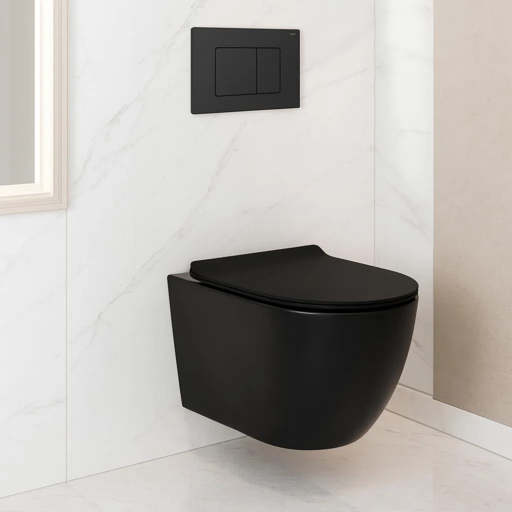 Inodoro suspendido completo - Cerámica - Sin bridas - Negro brillo - Soft-close - Cisterna empotrada CHRONO - Pulsador negro CROMO - Tapa extra fina - Diseño elegante y moderno