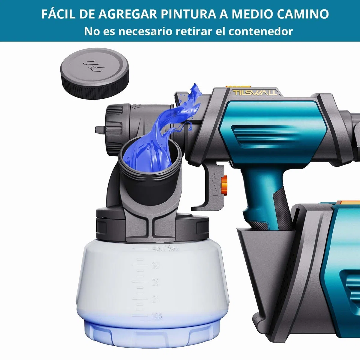 Tilswall Shark800 Pistola Pintura, Pulverizador de Pintura HVLP 800W, 4 Boquillas y 3 Patrones, Contenedor de Pintura con Recarga Lateral, 120 DIN-s Pistola de Pintura, para Vallas, Jardín y Muebles