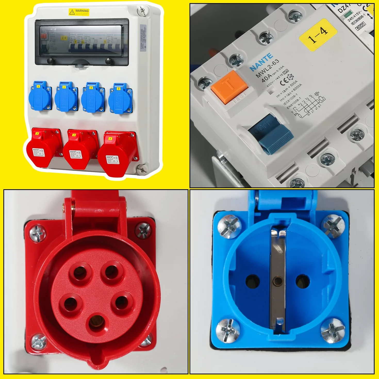 Randaco Distribuidor de pared con disyuntor y distribuidor de corriente FI,5 polos con 4 enchufes Schuko y enchufe CEE de 16/32 A para interior y exterior