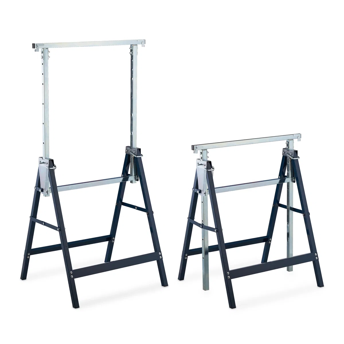 Relaxdays Andamio Caballete, Set de 2, Altura Ajustable, Carga hasta 200 kg, Plegable, Taller, Acero, Azul y Plateado
