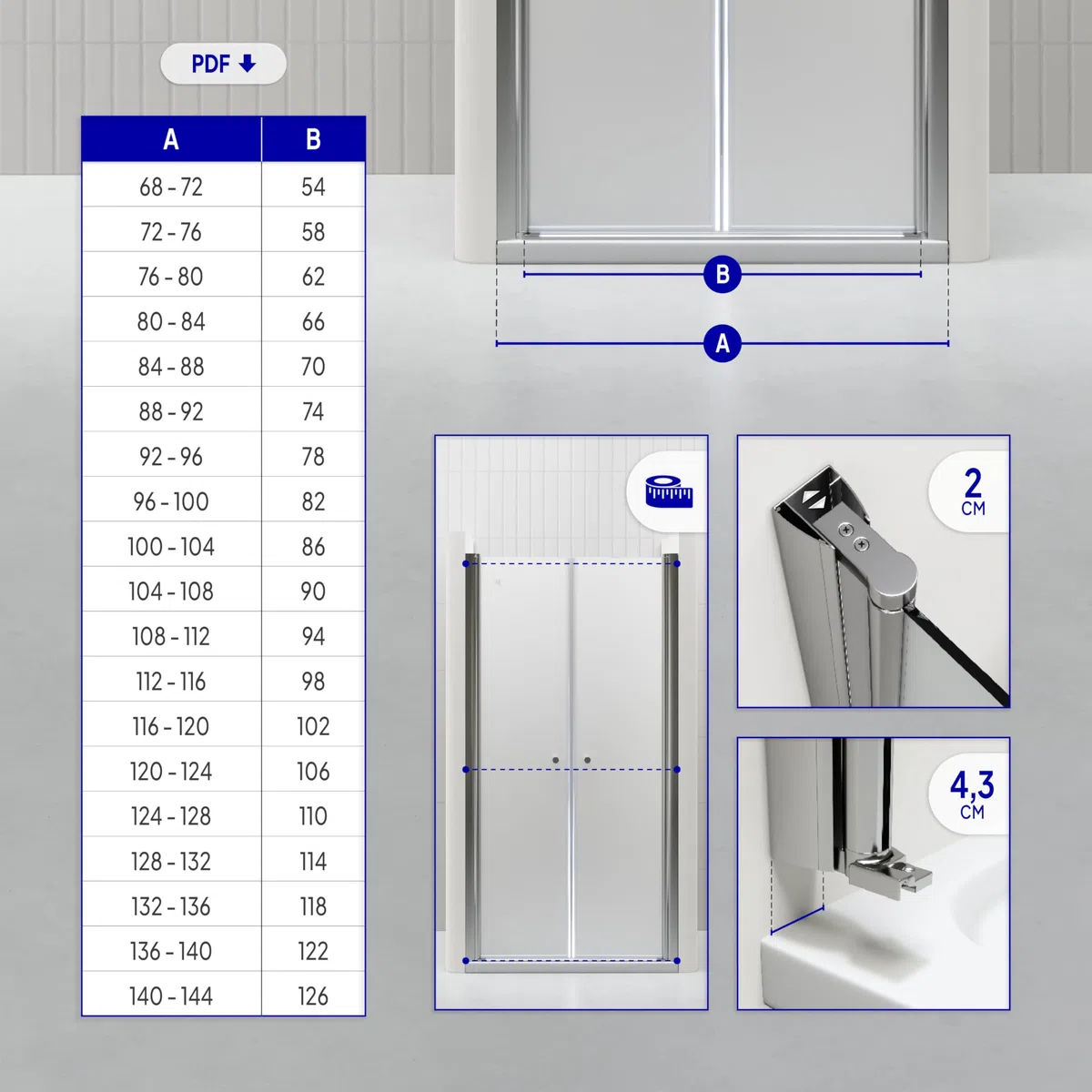 Mampara de ducha Lima, regulable de 68-72 cm, altura 195 cm, puerta doble abatible, cristal de seguridad templado ESG 6MM satinado, perfiles cromados #DTF