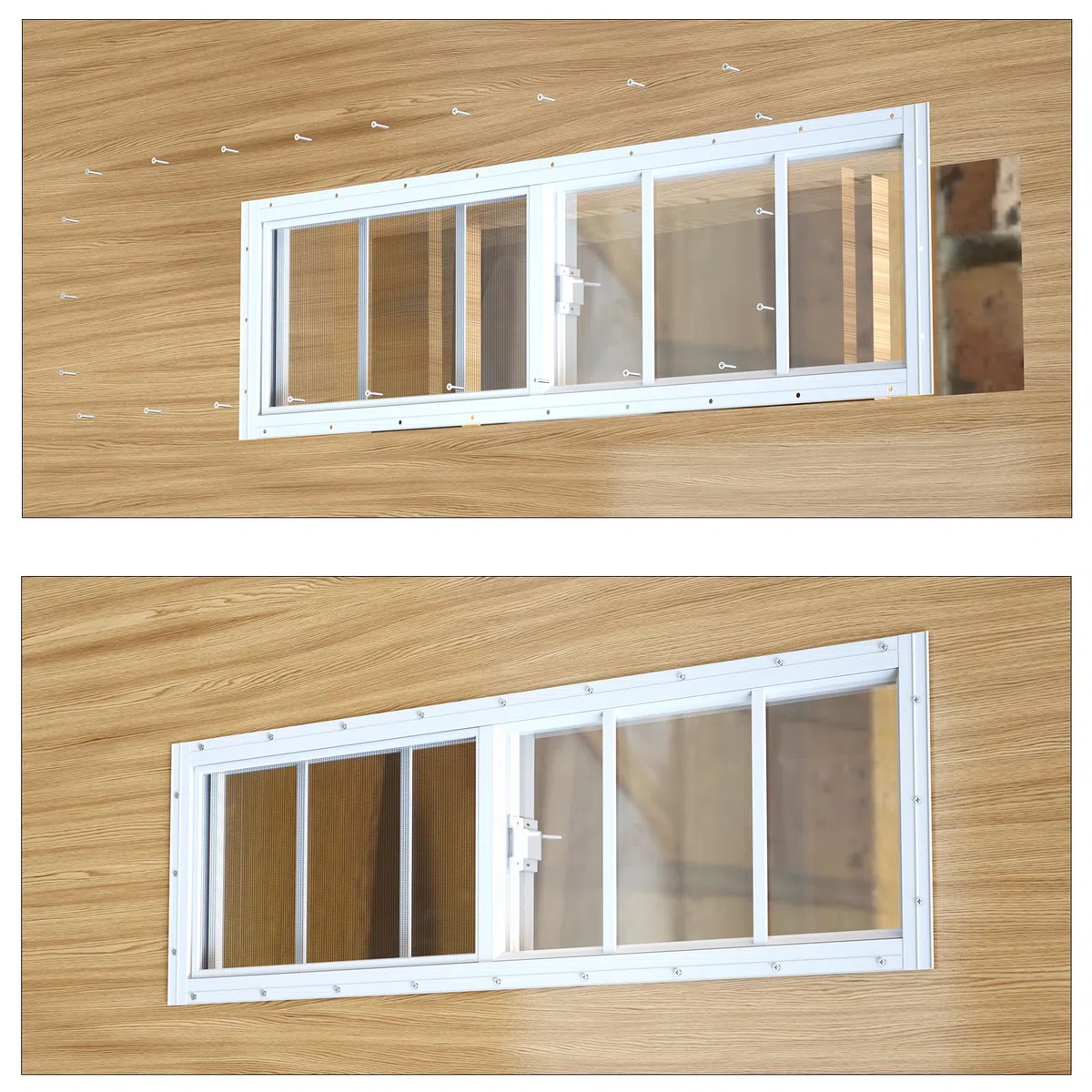 Yuzzy Paquete de 2 ventanas correderas de 12 x 36 pulgadas con vidrio templado y pantalla de fibra de vidrio extraíble para cobertizo, gallinero, casa de juegos, hogar, garaje, graneros (blanco)