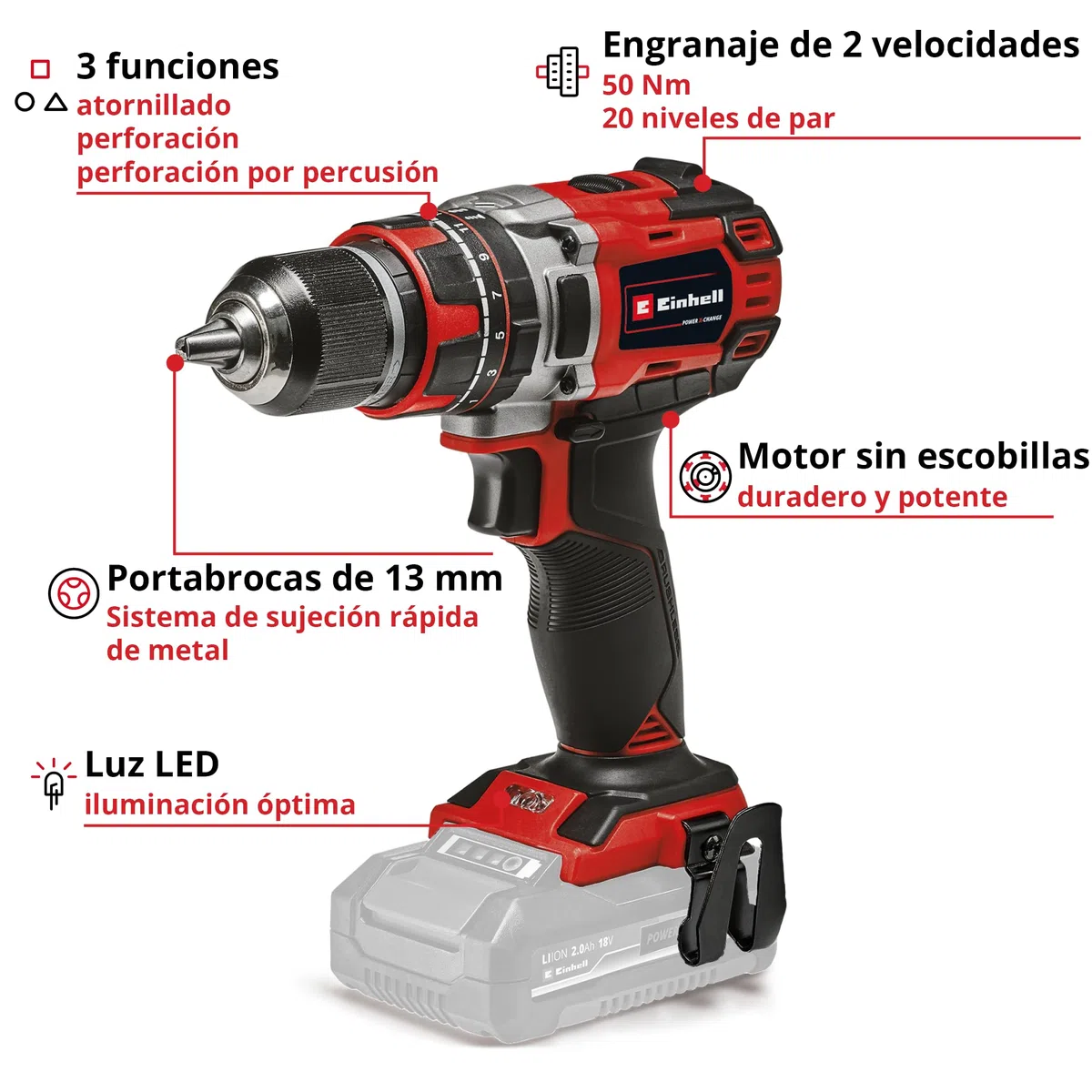 Einhell Taladro/destornillador Inalámbrico 18/50 Li-i BL Solo Power X-Change (Función de Taladro de Percusión, Caja de Cambios de 2 Velocidades y Empuñadura Softgrip, no Incluye Batería ni Cargador)