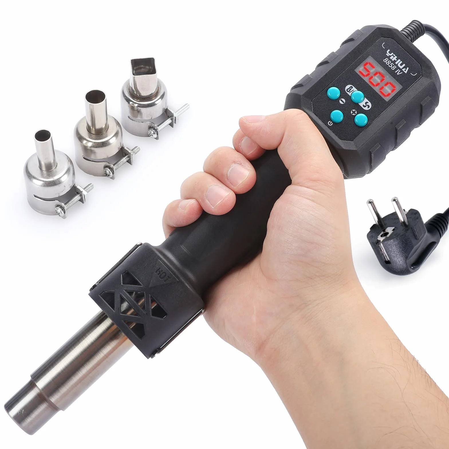 YIHUA 8858-IV pistola de calor para manualidades, soldadura electrónica, bricolaje, y tubo termorretráctil con función de control de temperatura y volumen de aire, modo de espera manual