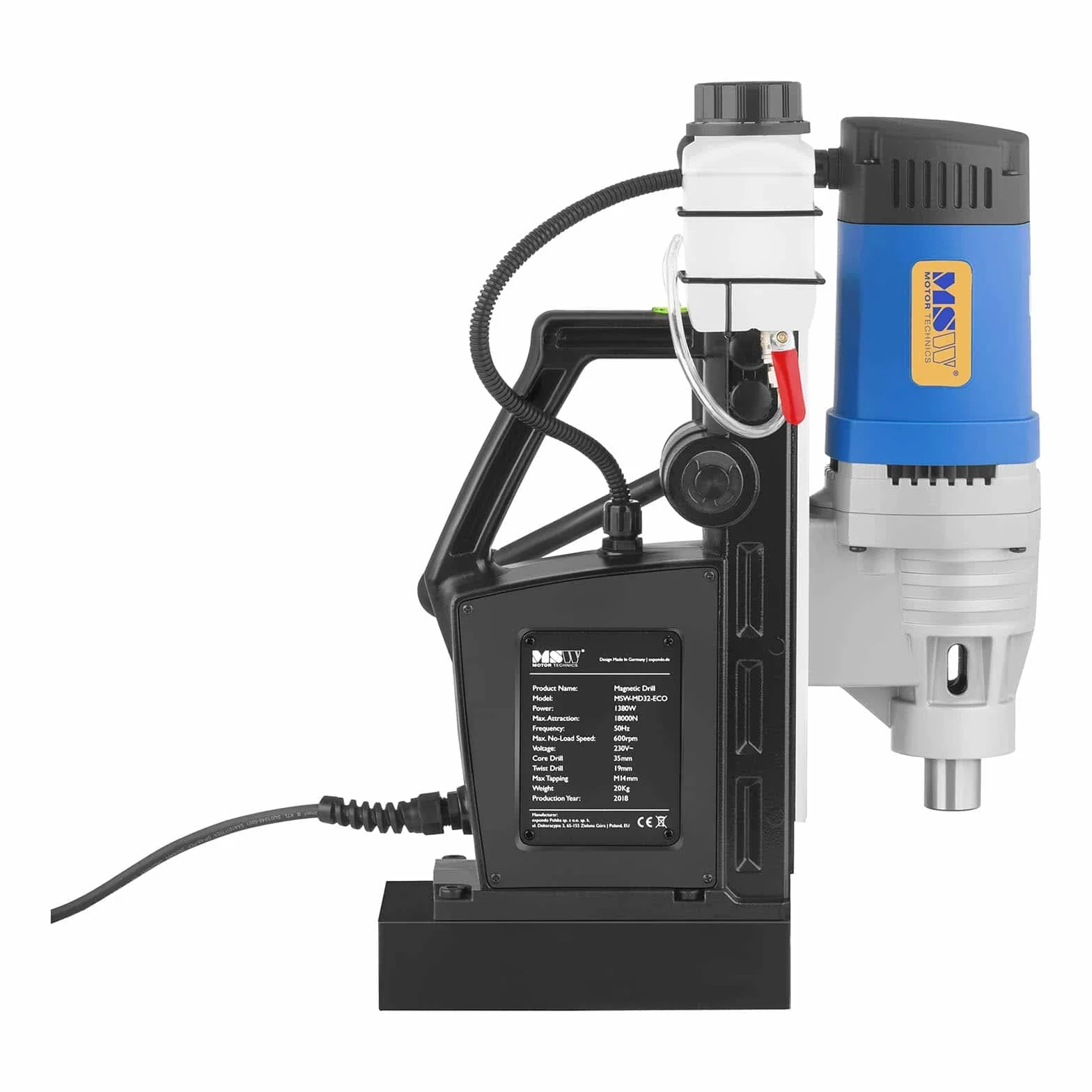 MSW Taladro Magnético MSW-MD32-ECO (1300 W, 18000 N, 600 rpm, Perforación de núcleo: Ø 35 mm, Profundidad 50 mm, Interruptor magnético RCD)