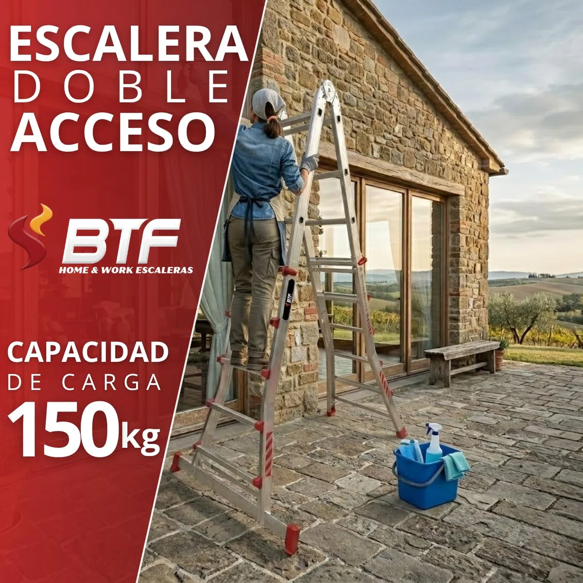 Escalera Telescópica de Aluminio Articulada 4x5 Peldaños | BTF Escalera Extensible Plegable Multiposición hasta 4,7m, Tijera 2,3m, Carga 150kg, Norma EN131