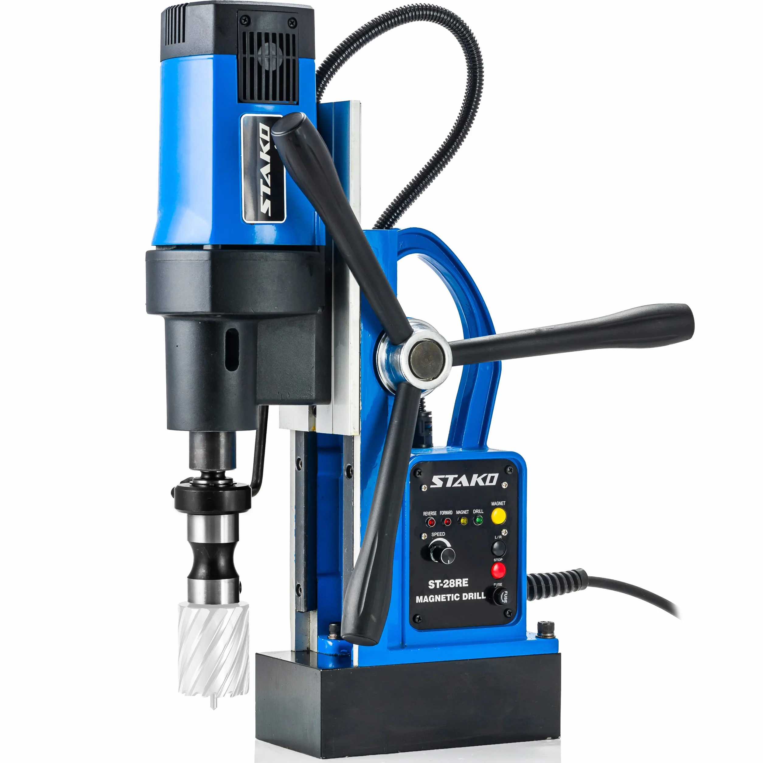 STAKO Taladro magnético de 1800 W con maletín ST-28RE Max.Ø80 mm – Fuerza magnética 16500N – Taladro central portátil para trabajar metal con Weldon 19 mm y portabrocas 3-16 mm y soporte de rosca M3