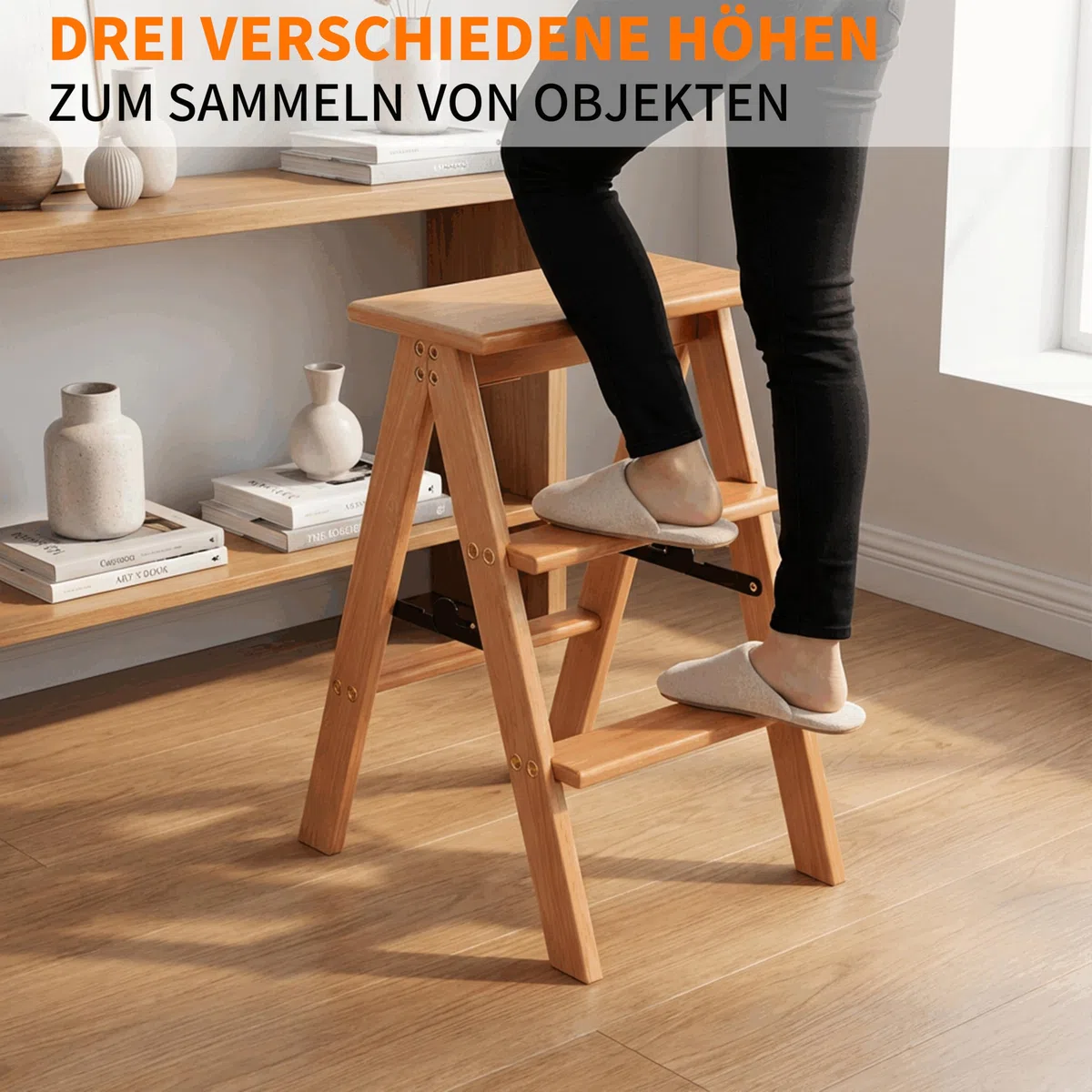 Escalera de 3 peldaños, Taburete Plegable de Madera, Silla Plegable, Antideslizante, portátil y Resistente para el hogar, la Cocina y la Oficina (Madera EW1)