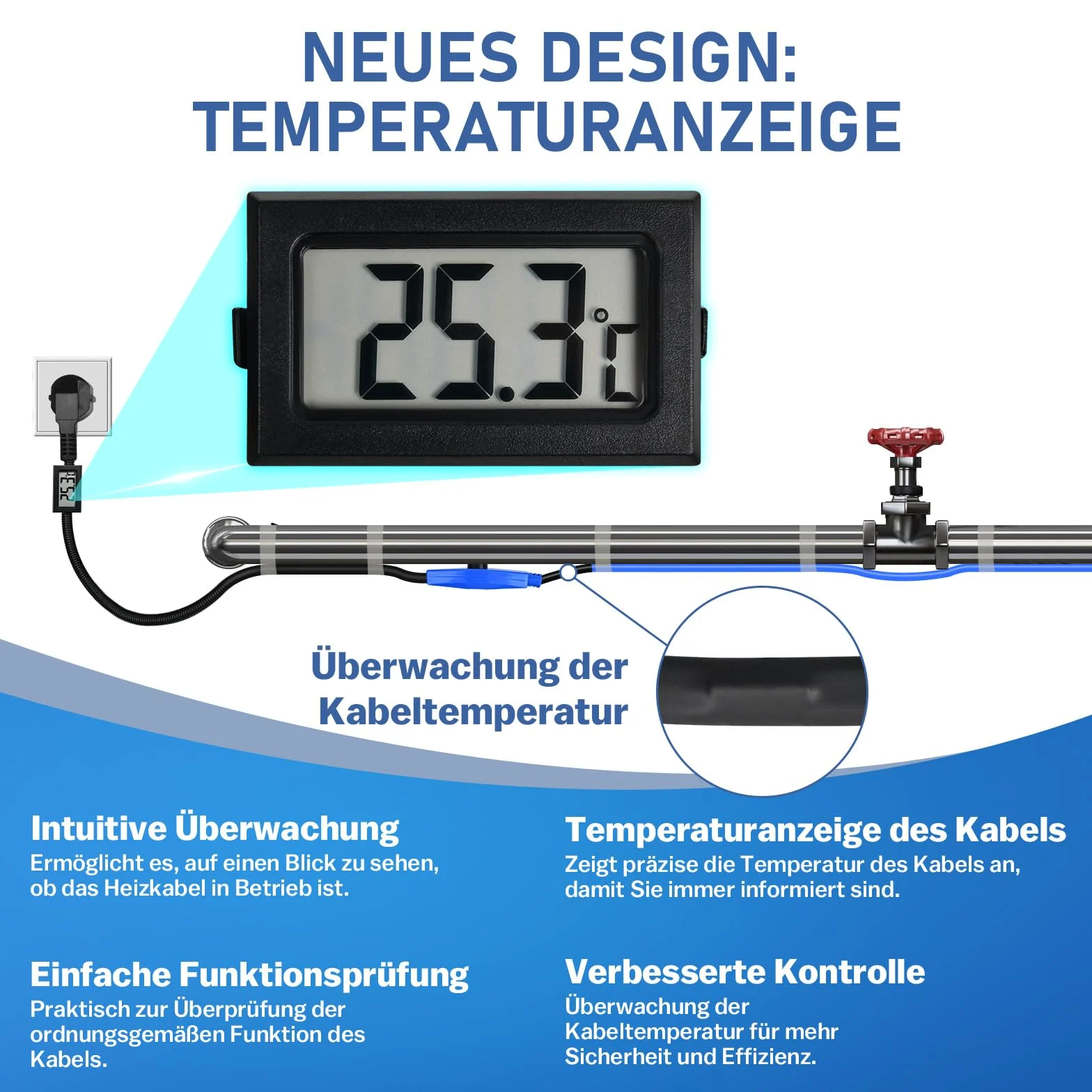 Cable calefactor antiheladas de 18 m con termostato e indicador de temperatura, 230 V, 16 W/M para tuberías de agua, resistente al agua, cable calefactor para tuberías