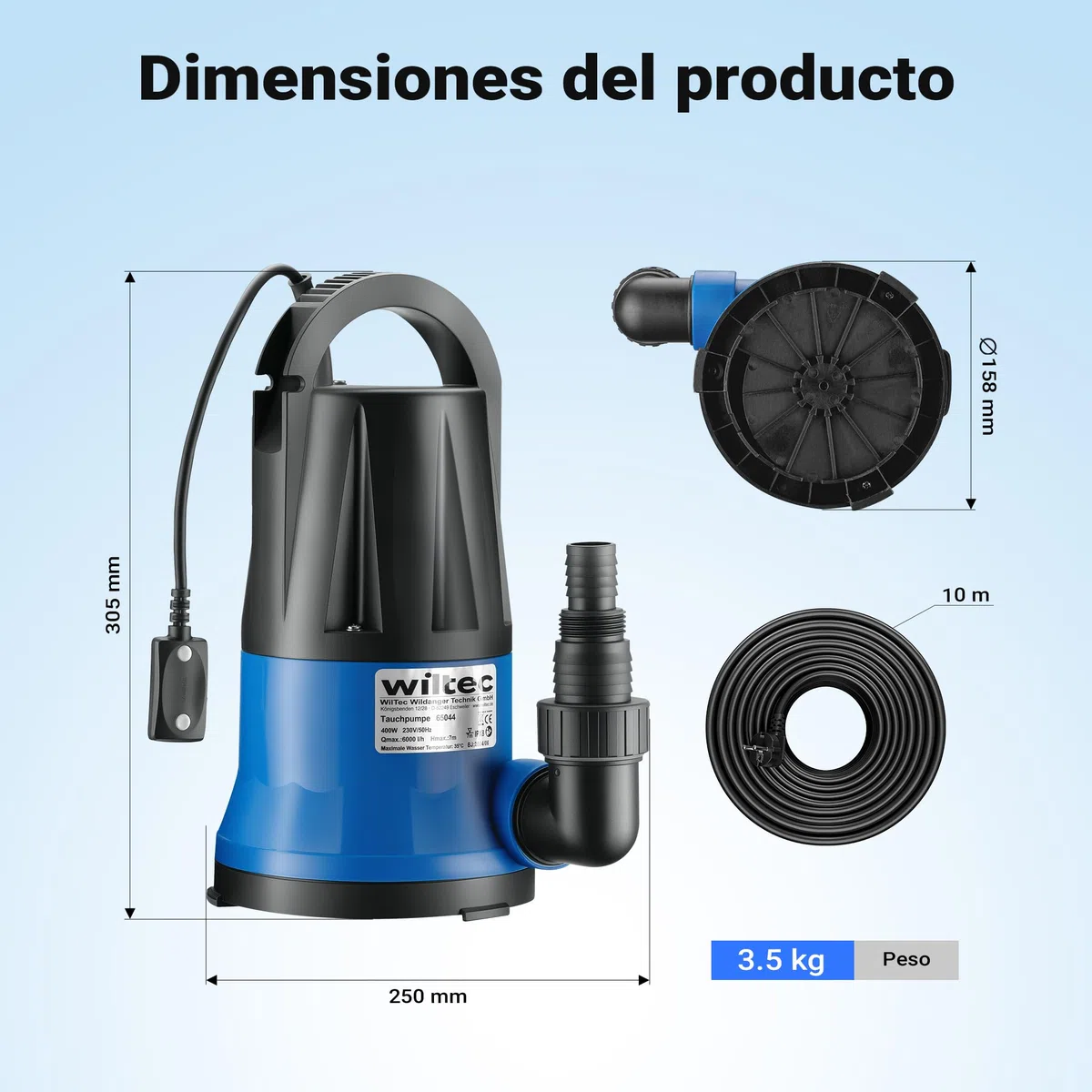 Wiltec Bomba de agua sumergible de aspiración plana 400 W aguas residuales hasta 1 mm caudal máx. 6000 l/h, altura máx. 7 m, profundidad máx. 7 m sensor de nivel de agua