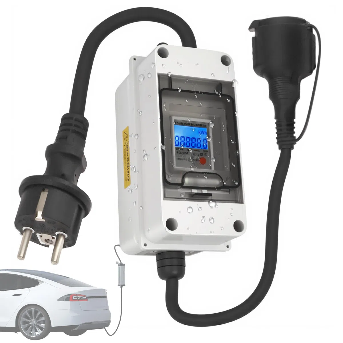 Contador Eléctrico Digital Móvil para Enchufe de 230V 16A, Impermeable IP65 Medidor Digital Portátil de Electricidad con Reinicio para Autocaravanas, VehíCulos Eléctricos, Hogares, Cable de 1 M