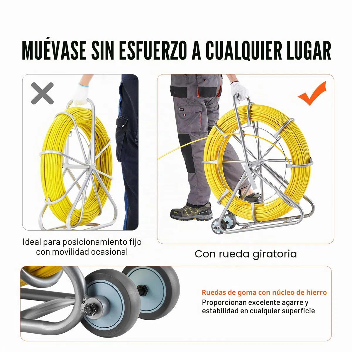 VEVOR Cinta de Pescado de Fibra de Vidrio de 200,09m Diámetro de 7,94mm Extractor de Cables con Varilla para Pasar Cables, Soporte de Carrete de Acero, 3 Cabezales de Extracción, Herramientas de Pesca