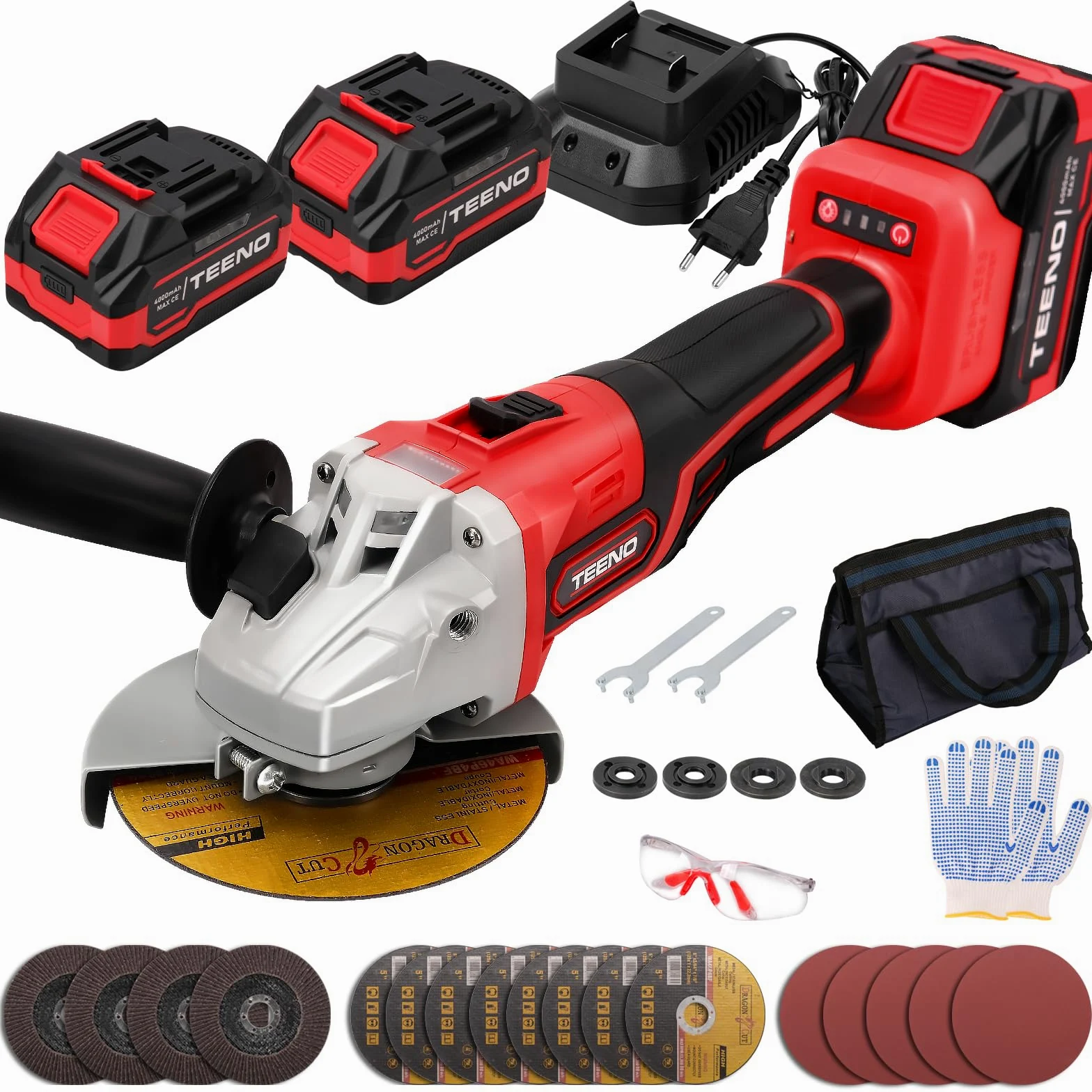 TEENO Amoladora Angular a Batería 2 * 4.0Ah,9100RPM Amoladora Angular Eléctrica sin Escobillas,0-4500/0-6500/0-9100tr/min，Discos de corte 125mm，Para Cortar y Amolar con Precisión