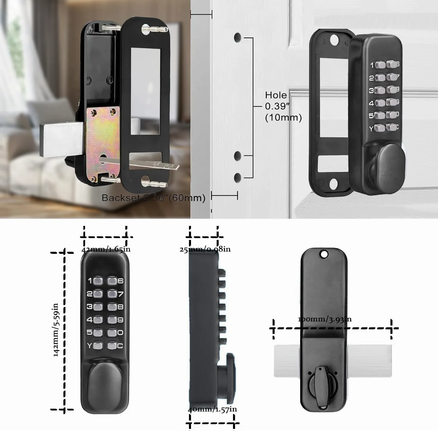 Cerradura de Código Mecánica, Cerradura Puerta Exterior con Codigo Sin Llave, Aleación de Zinc Cerraduras de Combinación Mecánica con Teclado de Una Cara 12 Teclas para Hogarn Garaje Hotel (negro)