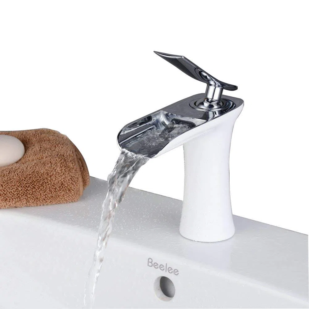 Grifo Cascada Monomando, Grifo de Lavabo Baño, Agua Fria y Caliente Disponible, Pintura blanca y cromo, Beelee BL9009W