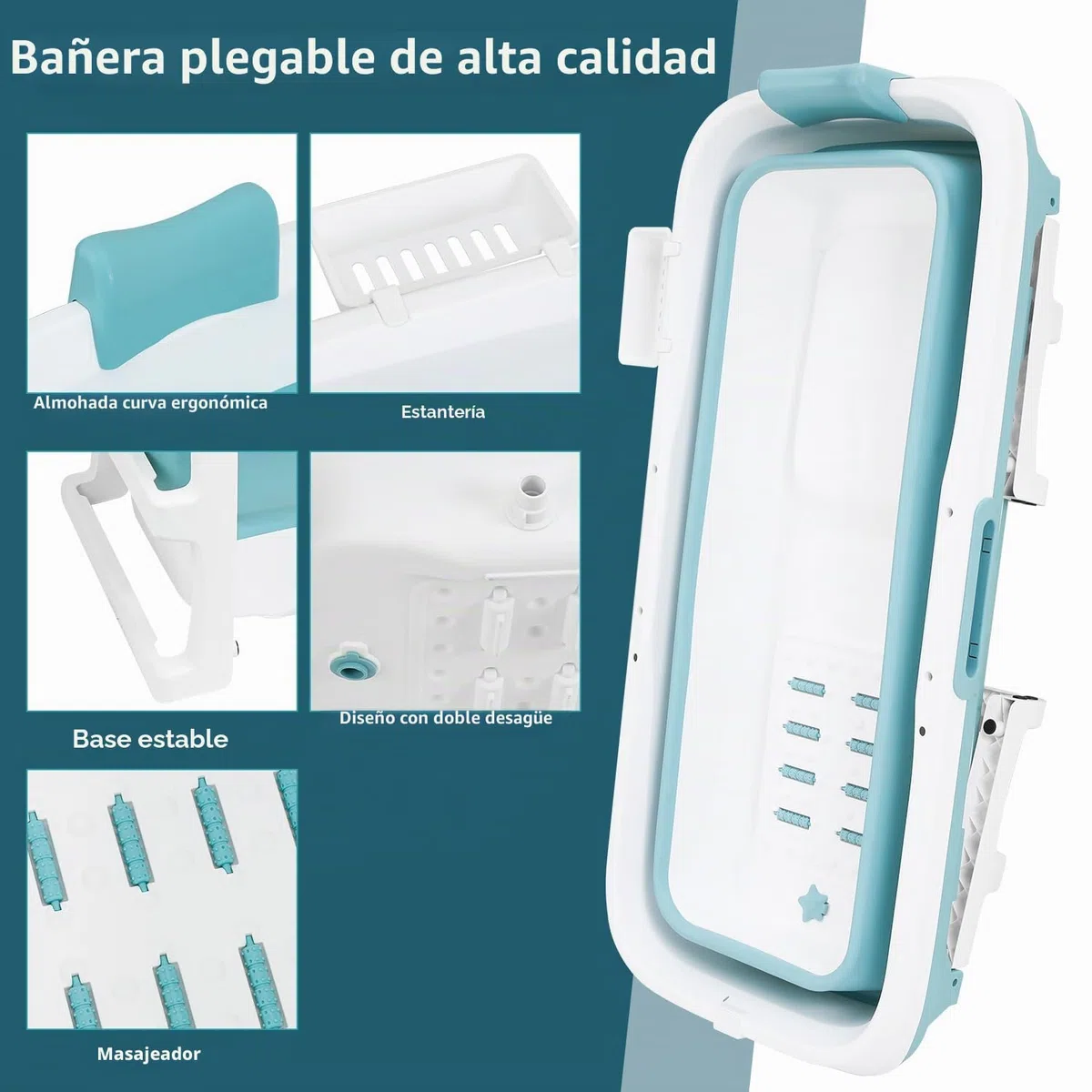 Ikodm Bañera plegable para adultos - XXL 149 x 60 x 50 cm - Bañera móvil plegable con tapa, rodillos de masaje y cesta - Para baño, ducha y balcón - Azul