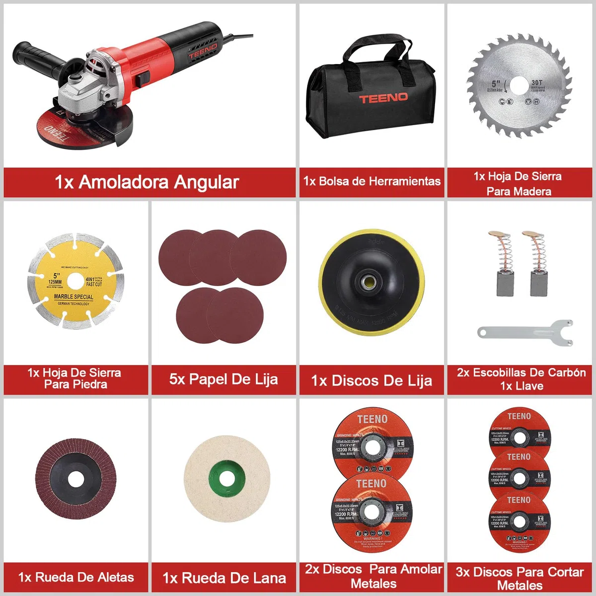 TEENO Amoladora Angular 125 MM 1000W 2000-12000 RPM Con 20 Accesorios, Radial Pequeña 125 mm, Amoladora Pequeña Para Cortar, Esmerilar y Pulir Metal, Madera, Cerámica y Piedra, Bolsa de Herramientas